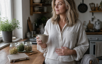 Nő konyhában gyógynövényes tea mellett, premenstruációs szindróma és hormonok.
