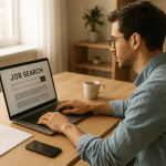 Álláskereső fiatal modern otthoni irodában laptop előtt ülve