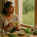 Nő gyógynövényekkel és gyógyteával az erős menstruációs vérzés kezelése érdekében.