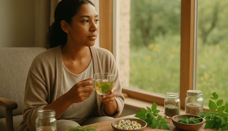 Nő gyógynövényekkel és gyógyteával az erős menstruációs vérzés kezelése érdekében.