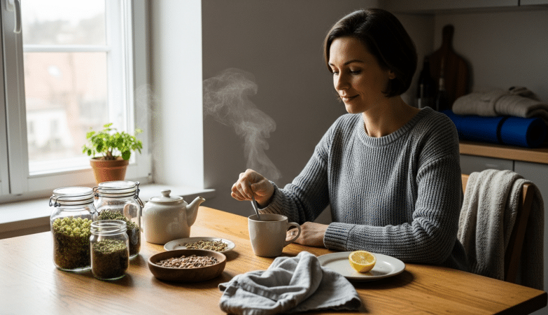 Középkorú nő konyhában teát készít üveges gyógynövényekkel — népi gyógynövények nőknek