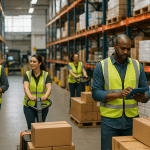 Modern raktárban dolgozó raktárosok raktáros álláslehetőségek témában.