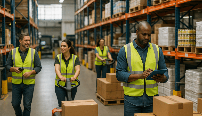 Modern raktárban dolgozó raktárosok raktáros álláslehetőségek témában.