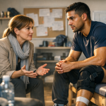 Sport szakpszichológus beszél egy sérült sportolóval modern klinikán