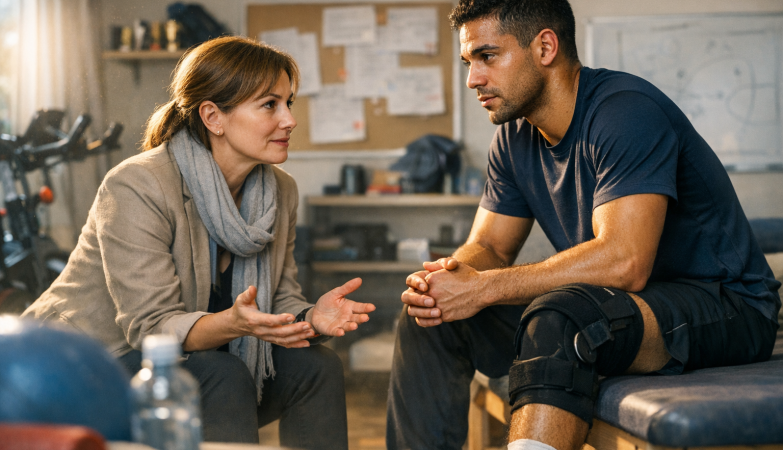 Sport szakpszichológus beszél egy sérült sportolóval modern klinikán