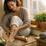 Nő ablaknál masszírozza enyhe duzzanatú bokáját, vizesedés