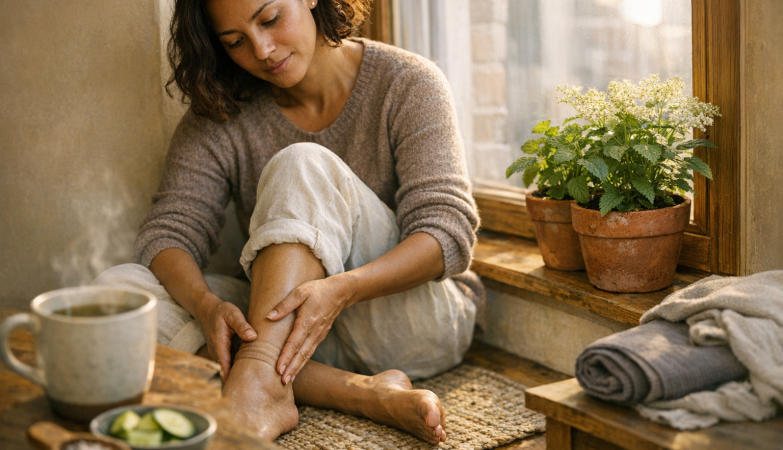 Nő ablaknál masszírozza enyhe duzzanatú bokáját, vizesedés