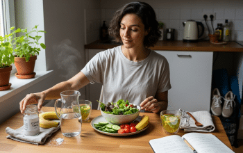 Nő összeállít káliumban gazdag étrendet salátával, banánnal és citromfű teával