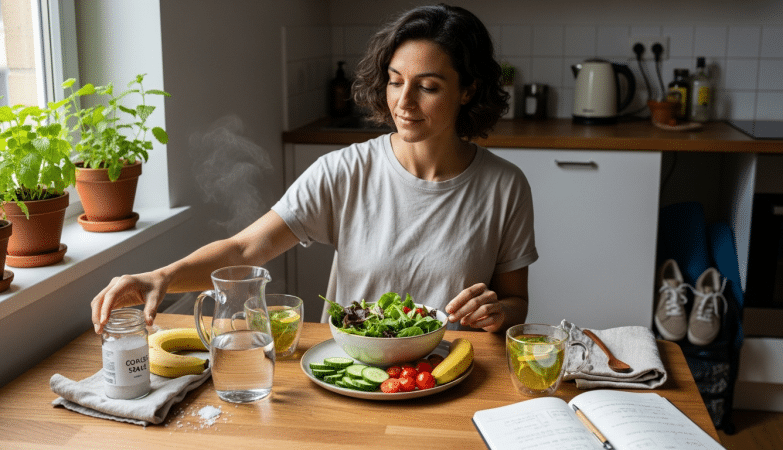 Nő összeállít káliumban gazdag étrendet salátával, banánnal és citromfű teával