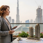 dubai ingatlanpiac helyzete 2026-ban: befektetőnő balkonnal és Burj Khalifával