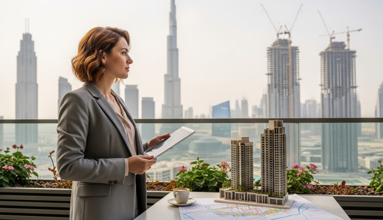 dubai ingatlanpiac helyzete 2026-ban: befektetőnő balkonnal és Burj Khalifával