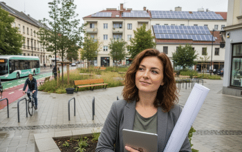 Várostervező nő tervekkel fenntartható városi növekedés környezetében