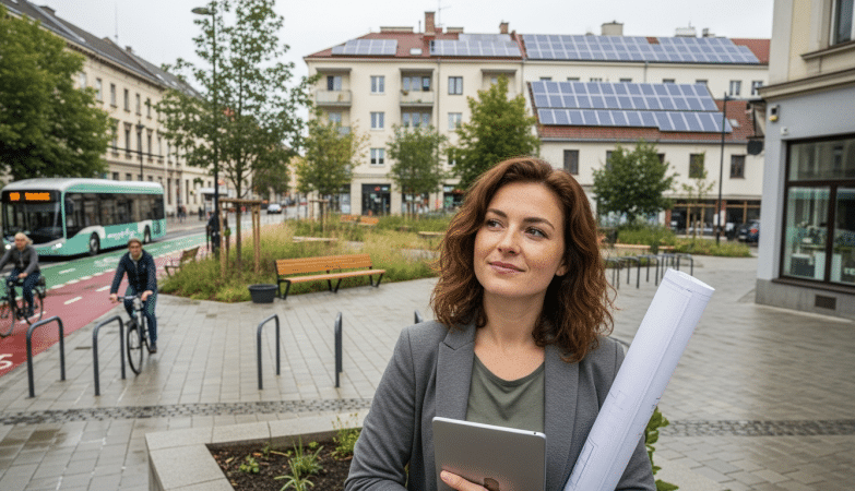 Várostervező nő tervekkel fenntartható városi növekedés környezetében