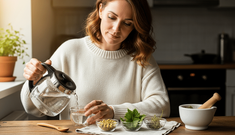 fitoterápia női ciklus: nő készít gyógynövényes teát otthon