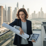 Ingatlanfejlesztés Dubajban: európai nő fejlesztési terveket és tabletet vizsgál