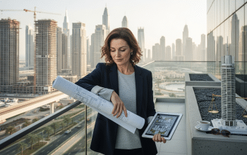 Ingatlanfejlesztés Dubajban: európai nő fejlesztési terveket és tabletet vizsgál
