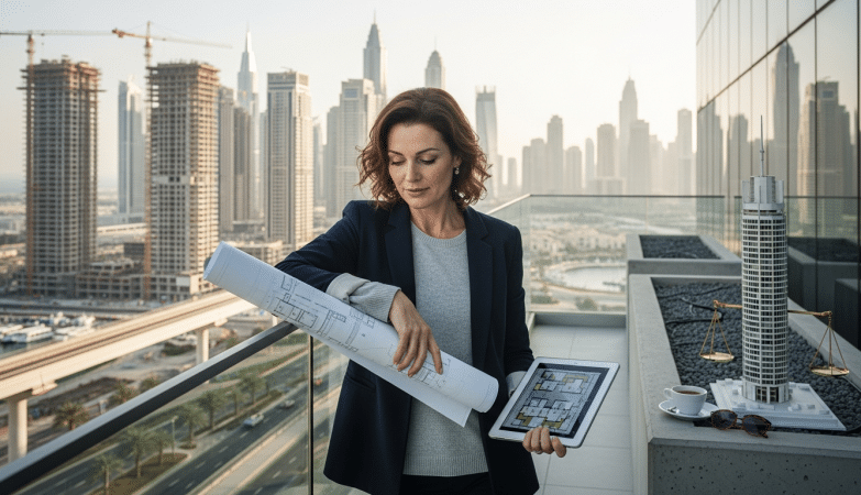 Ingatlanfejlesztés Dubajban: európai nő fejlesztési terveket és tabletet vizsgál