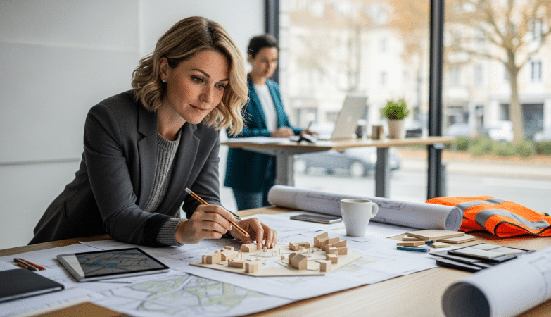 városfejlesztés finanszírozási eszközök: szakember térmodellel és tervekkel