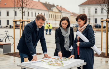 városfejlesztési projektek: szakemberek tárgyalnak terepmodellel felújított köztéren