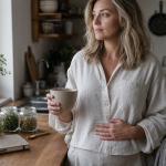 Nő konyhában gyógynövényes tea mellett, premenstruációs szindróma és hormonok.