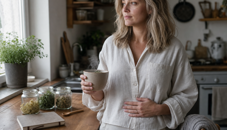 Nő konyhában gyógynövényes tea mellett, premenstruációs szindróma és hormonok.