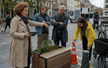 operatív városfejlesztés tereptesztje: csapat moduláris padnál dolgozik a téren